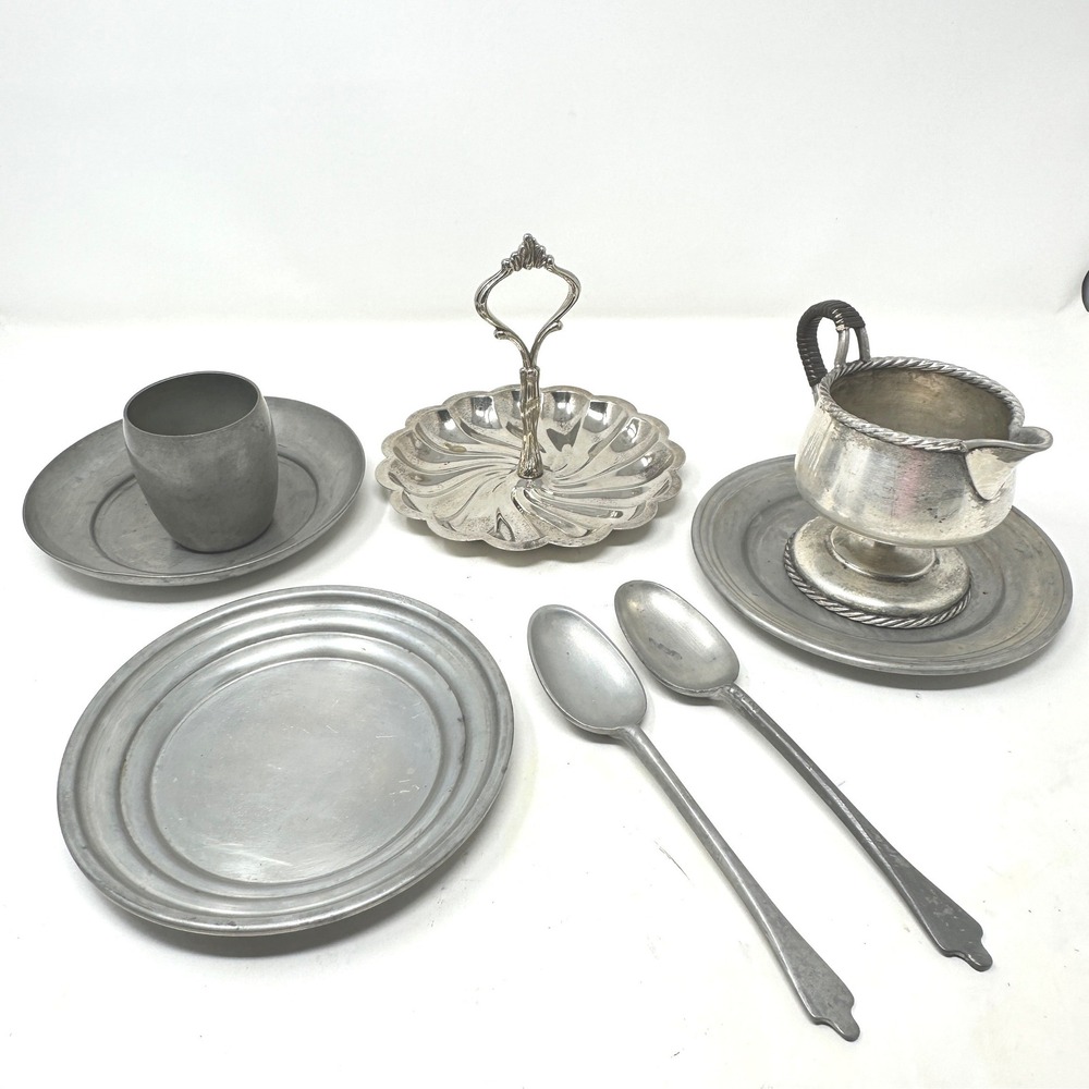 Vintage Pewter Silver Plate Lot 8 Pc Mixed Patina Shabby Cottage Rustic Decor